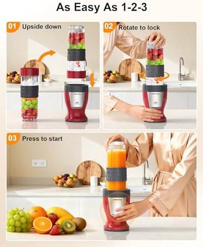 HoninJoy Compact Smoothie Blender, 650W Personal Blender for Shakes/Smoothies/Frozen Drinks with Grinder Cup & 14oz, 20oz To-Go Cups, Blenders for Kitchen, Smoothies Maker for Juices, Red - 3