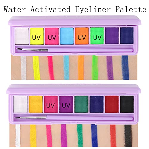 Yeweian 2 Pcs Water Activated Eyeliner Palette Liquid Eyeliner Colorful Set Hydra Graphic Eyeliner Makeup, Neon Face Paint Uv Glow Black White Red Body Paint Rainbow Eyeliner(01+02) #TOP2