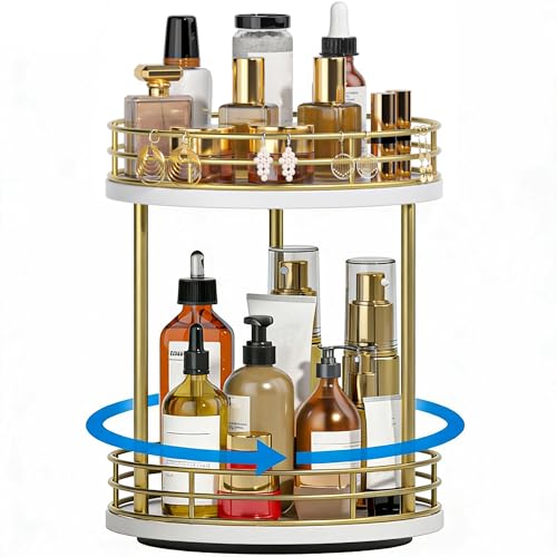 2-Tier Rotating Bathroom Countertop Organizer, Wooden Makeup Vanity Storage, Multifunctional Lazy Susan Turntable for Skincare, Perfume and Cosmetics (White-Gold)