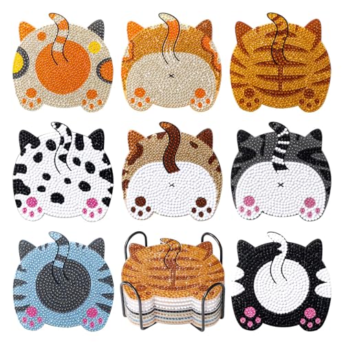 8 PCS Peinture Diamant Dessous de Verre avec Support, Diamond Painting Chat DIY, Kit Mosaïque Créatif pour Adultes et Enfants, Activité Manuelle Détente, Sous-Verres...