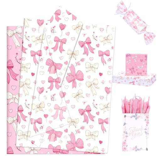Image of Larcenciel Pink Tissue Paper for Packaging, Bow Balloon Gift Wrap Tissue Paper for Gift Bags, Boxes & Crafts, Pretty Packing Supplies for Birthday, Wedding, Anniversary, Holiday, 60 Sheets 20x14in