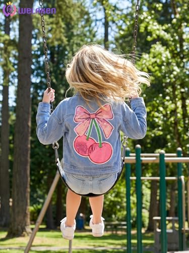 Image of WELAKEN Print Denim Jacket for Girls & Kids II Little Girl's Button Down Crop Jean Jacket Coat