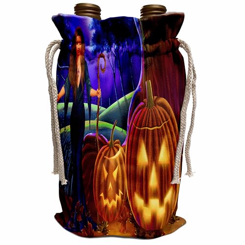 3dRose Our pumpkin faces are all lit up with amazing colors and a witch to watch over them Wine Bag