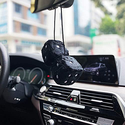 Ygmoner Pair Of Retro Square Mirror Hanging Couple Fuzzy Plush Dice With Dots For Car Interior Ornament Decoration (Black) #TOP3