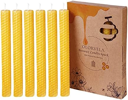 olorvela Beeswax Candles Handmade Taper Candles 6Pack 8" Hand-Rolled Candlesticks Made of 100% Pure Beeswax, Natural Scent Beeswax Tapers(Raw)