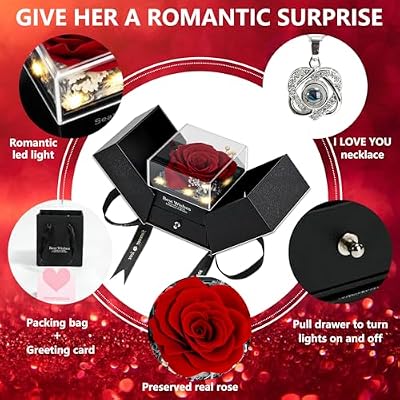 woxafo Preserved Real Red Rose with I Love You Heart Necklace 100 Languages - Eternal Flowers Rose Birthday Gifts for Women, Wife, Mom, Girlfriend - Valentine's Mother's Day Christmas Gift