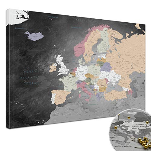 LANA KK - Europakarte Leinwandbild mit Korkrückwand zum pinnen der Reiseziele - englisch - Europa Schiefer Grau - Kunstdruck Pinnwand Globus, Premium Qualität, 120 x 80 cm Cover