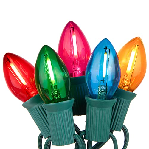 Image of C7 Christmas Lights Multicolor 25Ft Outdoor Patio String Light with 27 LED Clear Multicolor Bulbs, Vintage Christmas Lights for Outdoor Roofline Xmas Garden Wedding Party Decorations- Green Wire