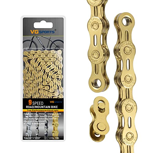 VG SPORTS 6/7/8/9/10/11 Speed Fahrradketten, halbhohle, leichte Fahrradketten für Rennrad/MTB/BMX,Silber/Gold/Titan/Regenbogen 116 Glieder mit fehlendem Glied Cover