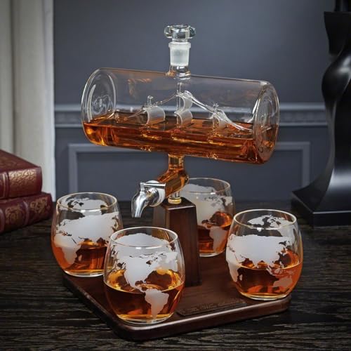 Ship in a Bottle Decanter Set with Globe Glasses - Perfect Liquor Decanter Set for Whiskey Lovers