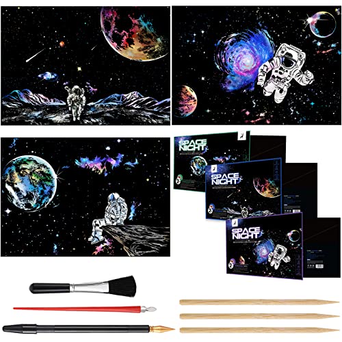 Scratch Painting Rainbow Scratch Art, Crafts for Adults Women & Teen Crafts Projects Kits, DIY Black Scratch Off Art Engraving Art Paper - 3 Pack 16 X 11.2 Inches (Starry Sky)
