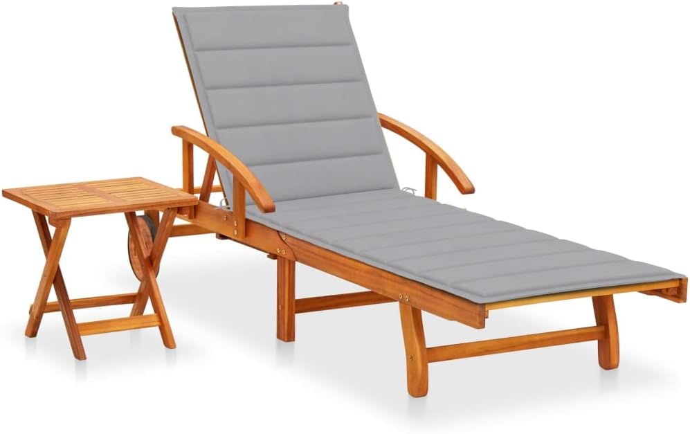 Patio Sun Lounger with Table and Cushion,Outdoor Lounge Chairs,Garden Sunlounger,Sunbathing Recliner,Outdoor Sofabed,Sun Lounge Bed,Beach Chairs,for Beach,Patio,Backyard, Solid Acacia Wood