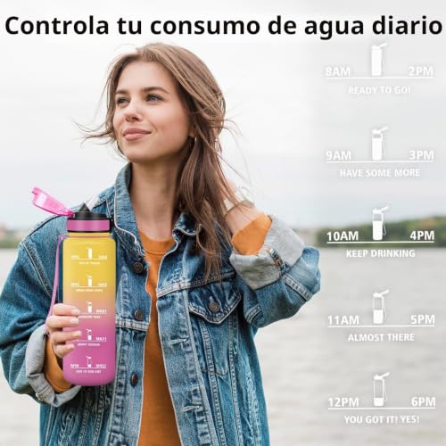 Miniatura 6 de Botella Agua Gimnasio, A Prueba de Fugas Botella Agua 1 litro, Diseño de Cerradura, Cantimplora con Pajita, Cantimplora con Marcador de Tiempo para Colegio, Hogar, Exterior
