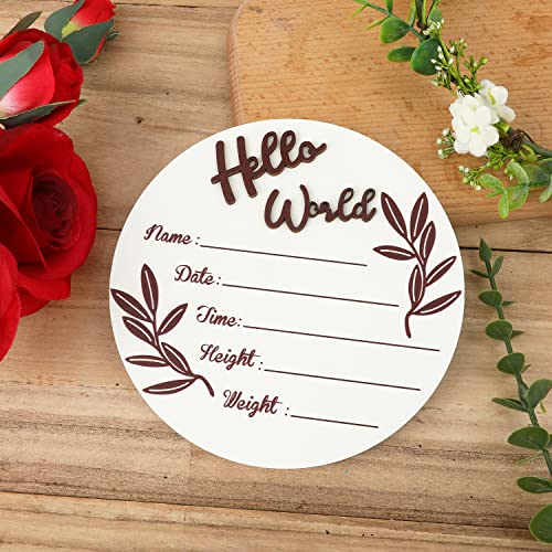 Image of Wooden Baby Announcement Sign, Round New Baby Sign Wooden Newborn Welcome Sign Hello World Newborn Sign