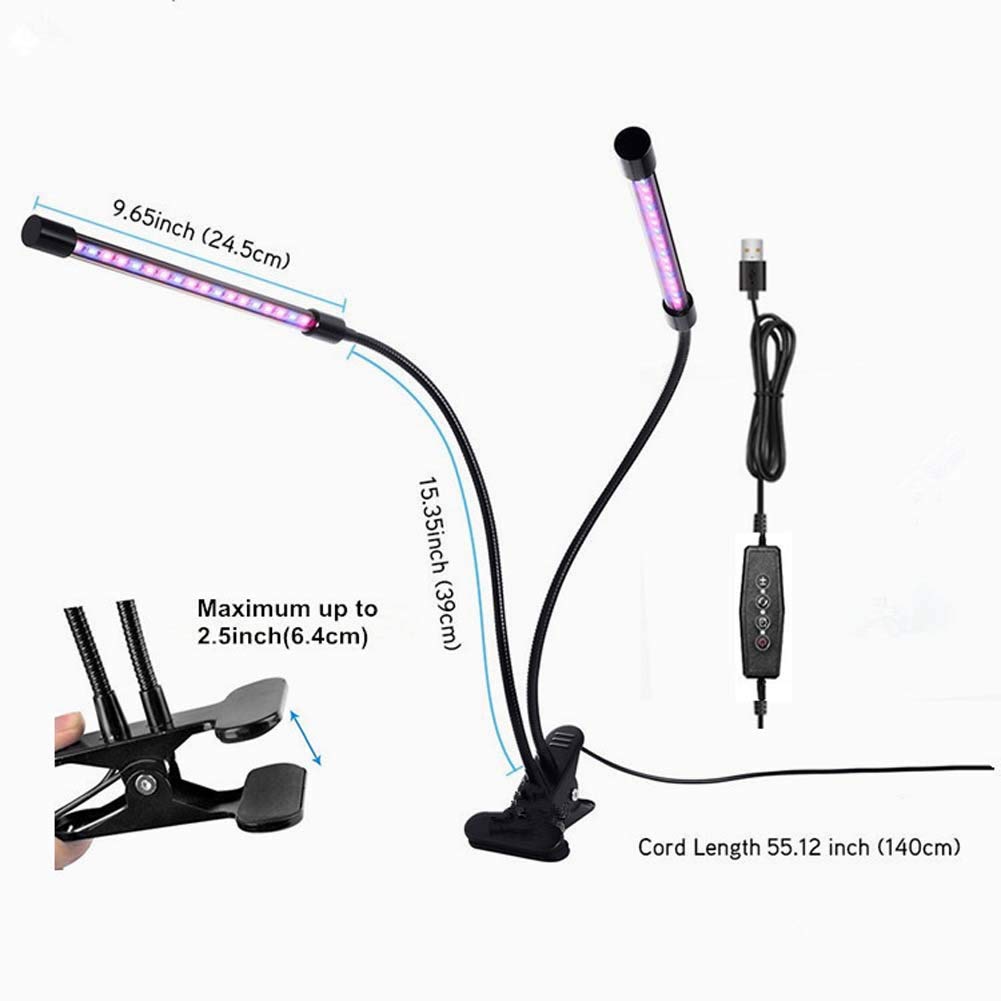 Luces de cultivo LED, lámparas de cultivo de plantas de doble cabeza de 18 vatios para plantas de interior, bombillas de espectro completo, cuello de cisne ajustable con clip de escritorio