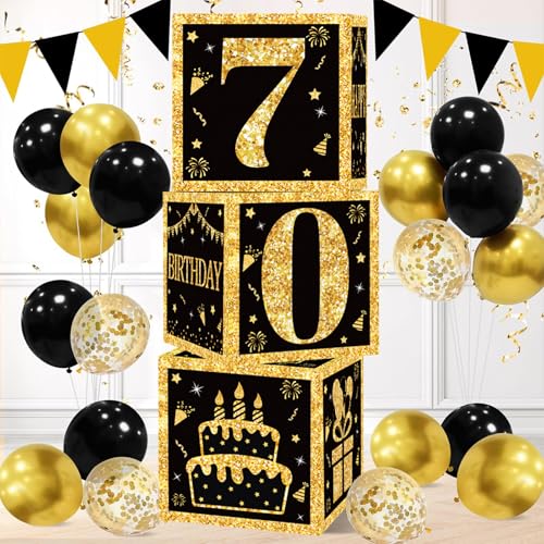 Decoraciones para 70º Cumpleaños, 3pcs Caja de cumpleaños Oro Negro, Caja para globos regalos jovenes 70 años, Cumpleanos Decoración de Negros Dorados para Hombres y mujeres Decoracion 70th fiesta