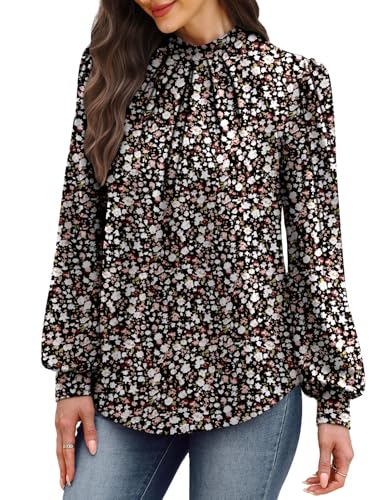 Image of WIHOLL Long Sleeve Shirts for Women Mock Neck Tops Pleated Front Blouses Dressy Casual Spring Fall Clothes 2026 Fashion
