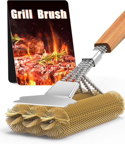Grillbürste Messing HAZENS Grill Reinigungsbürste Edelstahl Schaber dichte Edelstahlborsten 39cm Extra Langer Holzgriff für Gasgrill Holzkohlegrill Kugelgrill Elektrogril und Grillrost