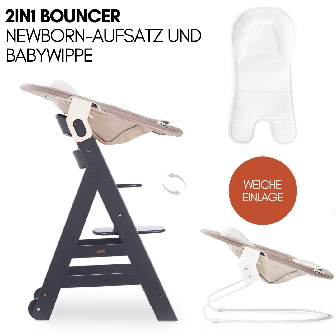 hauck Beta+ Hochstuhl Newborn Set mit 2in1 Bouncer - Dark Grey | Mitwachsender Holz Kinderhochstuhl mit Rollen ab Geburt bis 90 kg