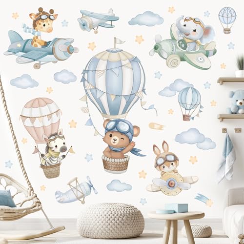 wondever Adesivi Murali Bambini Mongolfiera Animali Sticker da Muro Aereo Orso Elefante Giraffa Adesivi da Parete per...