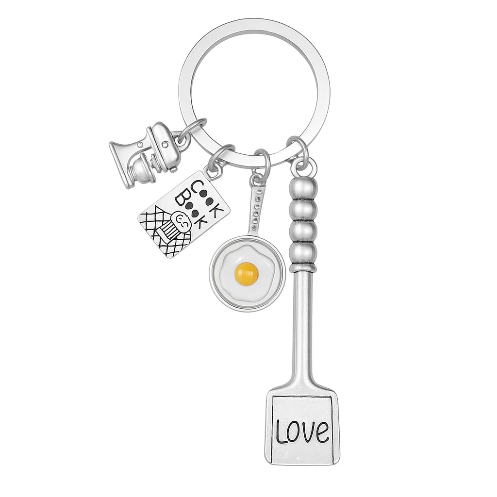 Cooking Keychain with Mixer, Recipe Card, Fried Egg Pan & “Love” Spatula Charms,Chef Keychains Gift for Chefs, Home Cooks & Food Lovers