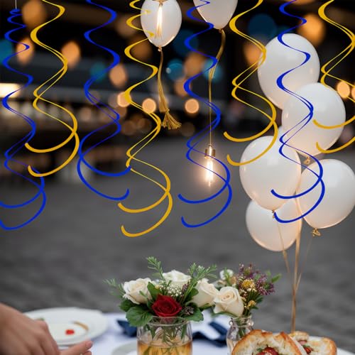 Image of Ceiling Swirl Foil Decorations Hanging Plastic Streamer Themed Swirl Party for Graduation Celebration, Pack of 28 (Blue and Gold)