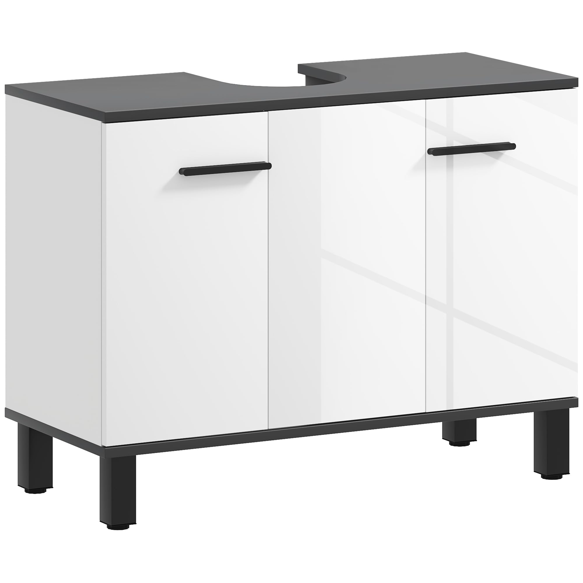 HOMCOM Mobile Sottolavabo per Bagno 80x34x60cm Bianco Lucido | 2 Ante, Ripiano Regolabile, per Lavabi con Colonna, Maniglia, Piedini Antiscivolo, Legno Truciolato