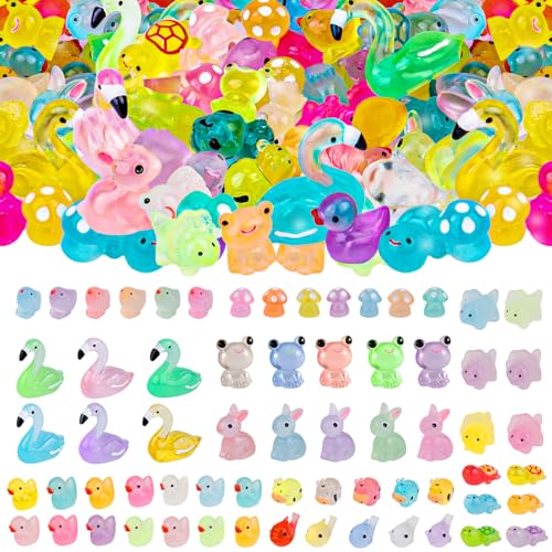 WIURGOHA 80pcs Luminous Mini Resin Animals,10 Styles Tiny Animal Glow in The Dark Miniature Resin Animal Figures Bulk,Mini Ducks Animals for Fairy Garden Micro Landscape Aquarium Dollhouse Decor