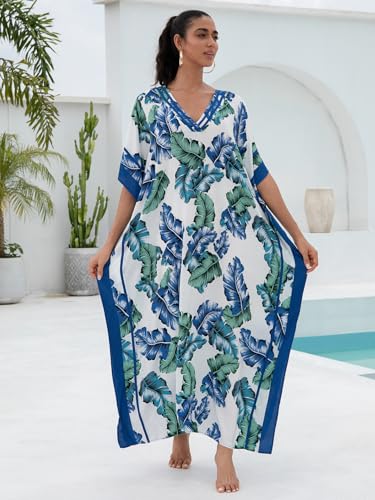 Image of KECVOT Kaftan Dresses for Women V-Neck Print Swimsuit Cover Up Plus Size Beach Caftan Lounge Dress