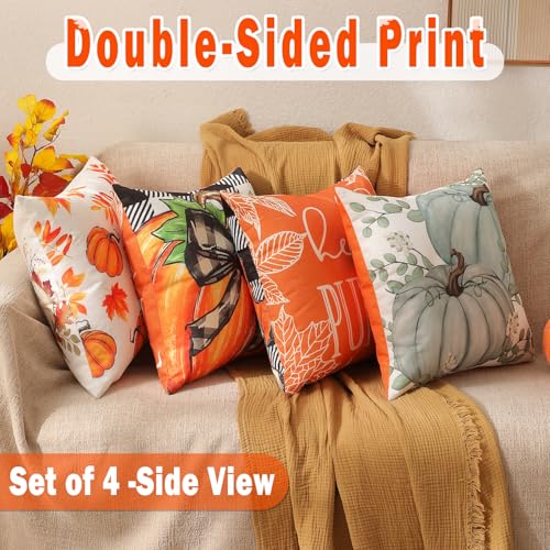 Fall Decorations Set Of 4 Double-Sided Print Fall Pillow Covers with 8 Cute Different Looks with Autumn Decor, Bright And Colorful, 20" x 20" Soft Linen Throw Pillow Covers for Outdoor & Indoor Use
