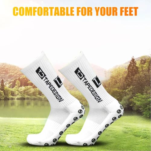 2 Pairs Non-Slip Grip Socks for Soccer & Sports, Anti-Slip Athletic Socks for Men & Women (Size 39-46, White) - Basketball Running3