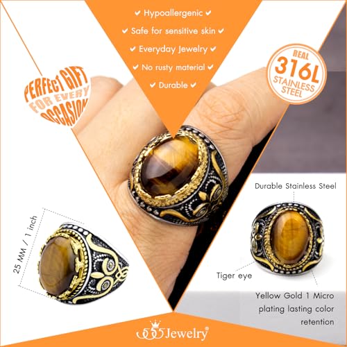 555Jewelry Solid Stainless Steel Gold Silver Rings for Men Turquoise Green Tiger Eye Ring Vintage Mens Rings Pinky Large Onyx Biker Signet Ring for Men US Size 8-134