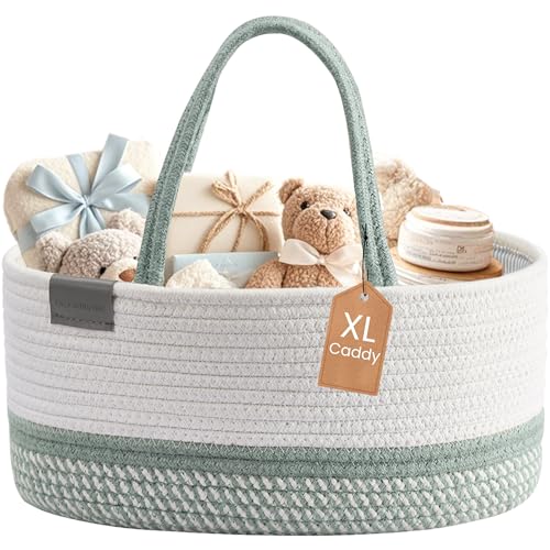 Image of DECOMOMO Baby Caddy Organizer, Diaper Caddy Basket, Baskets for Baby Shower Gifts (Sage Green & White, Extra Large)