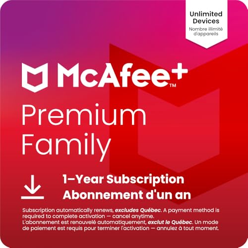 McAfee - McAfee+ Premium Family 2026 Ready Unlimited Devices | All-In-One Cybersecurity Software includes Unlimited VPN, Identity Monitoring, and Antivirus | 1 Year Subscription with Auto-Renewal | Online Code - -65%