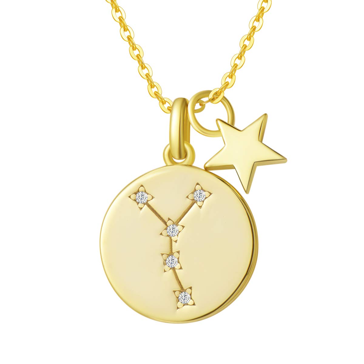 Sternzeichen Kette aus Solide 925 Sterling Silber mit Gold Vergoldet 15mm Durchmesser Anhänger Halskette Einfach Minimalistisch Geschenk Schmuck für Damen Mädchen - Verstellbar Kettenlänge: 40 + 5 cm