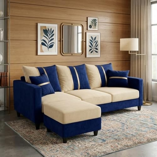 Image of Jester 4 Seater L Shape Sofa Set with Movable Ottoman | Flexible Left or Right Layout | Luxury Velvet Suede Fabric | Modern Living Room Sofa | Dark Blue-Cream