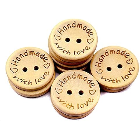 Fodattm 100 PCS Round 2 Hole Handmade with Love Wooden Button Wood Decorative Button for DIY Craft Sewing Embellishment Accessory (Diameter - 0.79" /20mm) Cover