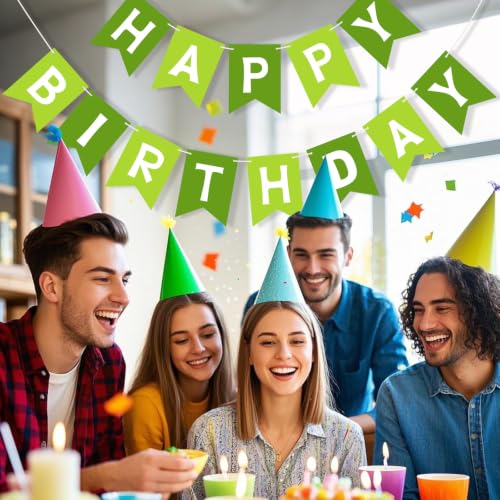 Image of Happy Birthday Banner Sign, Birthday Garland Wall Door Hanging Banners Flag for Women Men Boys Girls Party Backdrop Decorations, Personalized Name Banner White Letters Green