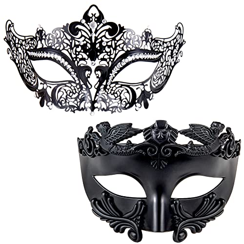 MYSEUNI Máscara de dança de máscaras para casal, máscara de homem grego romano e máscara de metal veneziano para mulher, máscara para mascarada, Mardi Gras Halloween, preto -, tamanho único