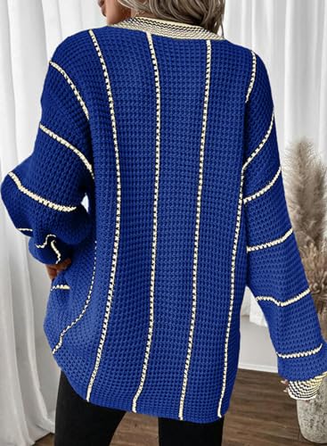 Image of Dokotoo Womens Oversized Striped Tunic Sweaters Casual V Neck Long Sleeve Color Block Knit Pullover Jumper Tops