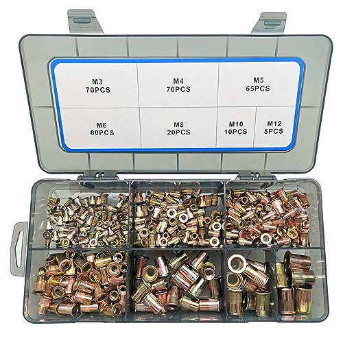 AKKTOL 300 Pièces Écrou de Rivet Acier Carbon, Écrous à Sertir Plaqué Zinc, Éécrous à Rivets Aveugles avec Filetage - M3/M4/M5/M6/M8/M10/M12