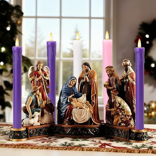 Image of Lezonic Flameless Advent Candles Battery Operated with Remote, Set of 5 Wax Christmas Taper Nativity Candles, LED Advent Wreath Candles for Church Home Christian Decor, 3 Purple & 1 Pink & 1 White