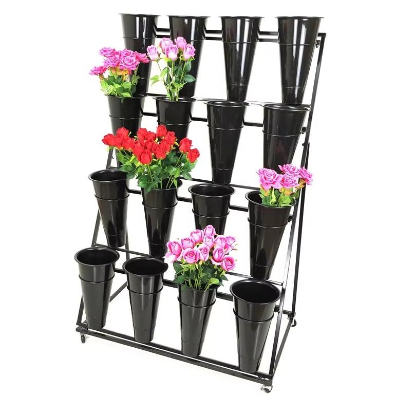 HXZJUIKL Soporte de exhibición de flores blanco con 12 cubos, 3 niveles, soporte móvil de exhibición de flores con ruedas, estante para carrito de plantas para interiores y exteriores, patio, jardín