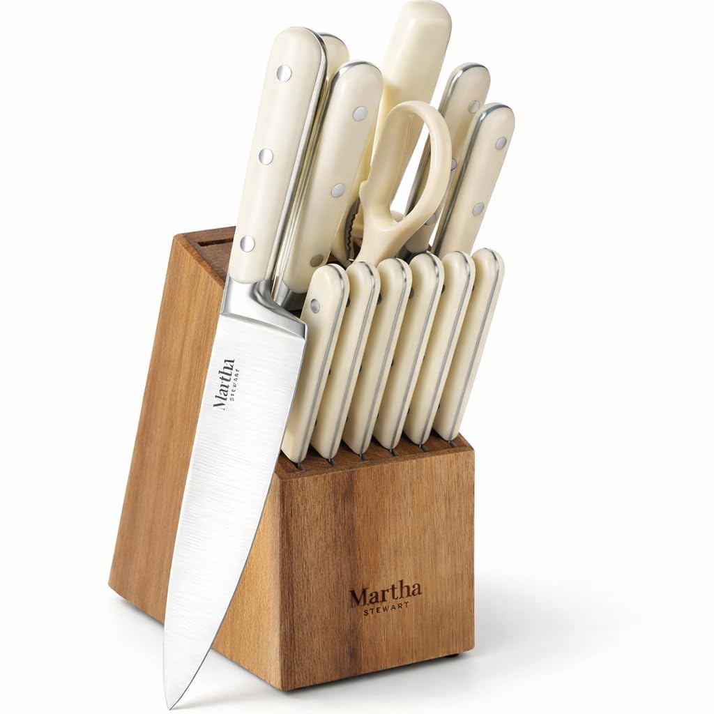 MARTHA STEWART Eastwalk 14 Piece High Carbon Stainless Steel Cutlery Knife Block Set w/ABS Triple Riveted Forged Handle Acacia Wood Block - Linen White