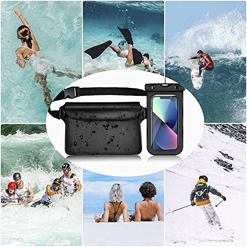 ivoler Set de Bolsa Waterproof con Riñonera Impermeable Bolsa Cintura y Funda Móvil Impermeable para Playa Natación Canotaje Pesca, Protección Teléfono Móvil, Cámara, Documento, Pasaporte (Negro)