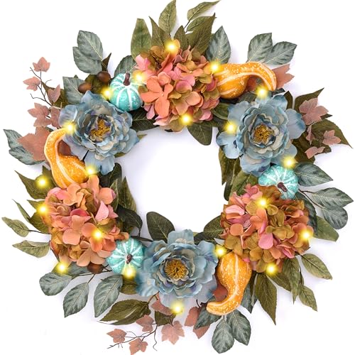 DecorbyHannah Thanksgiving Wreaths for Front Door, 24 Inch Collasible Fall Door Wreath with Lights, Autumn Floral Wreaths Decor with Peony Hydrangea and Pumpkins for Porch Wall Indoor Outdoor Use