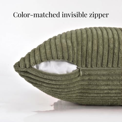 Image of Fancy Homi Set of 2 Olive Green Boho Long Lumbar Body Decorative Throw Pillow Cover 14x36 Inch for Bed Couch Bedroom Bench, Soft Patchwork Corduroy Textured Pillow Case, Rustic Farmhouse Room Decor