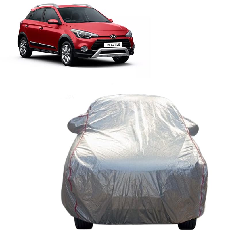 i20 Active Car Cover | Model 2015-2025 | Car Cover with Mirror Pocket & Soft Cotton Magic Metallic Silver Red Lining | Waterproof Car Body Cover | Outdoor Covers Rain Dust Protection