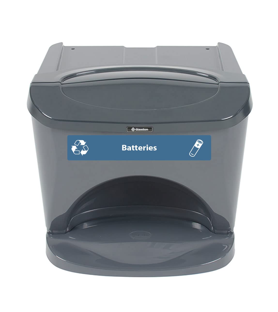 Glasdon Nexus Stack 8G Battery Recycling Bin (Dark Gray, Blue Battery Recycling Decals) Compact 8-Gallon Stackable Multi-Waste Bin