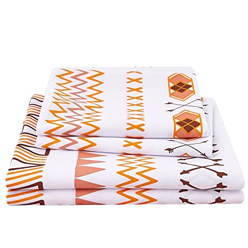 Image of JSD Orange Brown Boho Printed Microfiber Sheet Set Full Size | 4 Piece Soft Microfiber Sheets, Geometric Pattern, 16 in Extra Deep Pocket, OEKO-TEX Certified, Easy Care